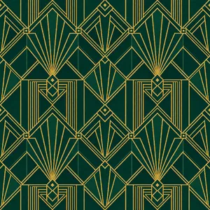 Seamless geometric pattern, Art Deco style, gold lines on deep emerald green background, high resolution texture for print. - XAI Grok Imagine 2.0