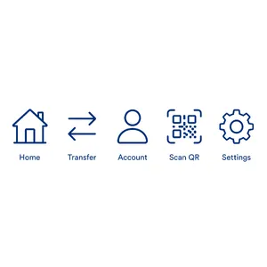 Set of 5 consistent flat design icons for a mobile banking app: 'Home', 'Transfer', 'Account', 'Scan QR', 'Settings'. Monochrome dark blue. - XAI Grok Imagine 2.0