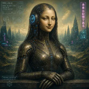 The Mona Lisa reimagined as a futuristic android, rendered in a digital art style that preserves Da Vinci's composition while incorporating sleek cyberpunk aesthetics and technological elements. - XAI Grok Imagine 2.0