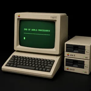 Vintage Apple II computer with green monochrome CRT screen, displaying 'END OF WORLD PROCEDURES' in green text. Two external floppy drives stacked on the right, labeled disk II with rainbow Apple logos. Beige casing, black background, retro aesthetic. - XAI Grok Imagine 2.0