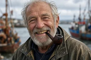 A 4K photo of an old fisherman with a weathered face and a pipe, grinning. - XAI Grok Imagine 2.0 (Preview)