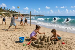 A beach scene: adults playing volleyball, kids building sandcastles, and surfers riding waves. - XAI Grok Imagine 2.0 (Preview)