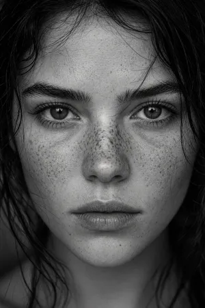 A black and white close-up portrait of a freckled woman with an intense gaze. - XAI Grok Imagine 2.0 (Preview)