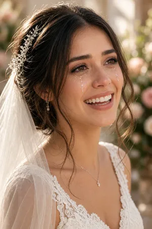A bride on her wedding day, smiling with tears of joy in her eyes. - XAI Grok Imagine 2.0 (Preview)