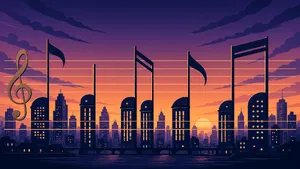 A city skyline that forms the shape of musical notes on a staff, created in a stylized graphic design aesthetic with clean architectural lines and dramatic twilight colors. - XAI Grok Imagine 2.0 (Preview)