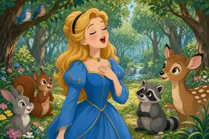 A classic Disney-like 2D cartoon princess singing with animals in a forest. - XAI Grok Imagine 2.0 (Preview)