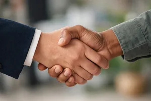 A close-up of two people shaking hands, both hands fully visible with five fingers each, in sharp focus against a blurred background. - XAI Grok Imagine 2.0 (Preview)