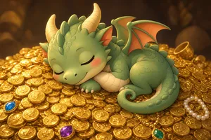 A cute chibi-style dragon sleeping on a pile of gold. - XAI Grok Imagine 2.0 (Preview)