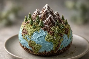 A dessert cake that looks like a tiny planet, complete with miniature trees and mountains, photographed in a professional food photography style with tilt-shift focus effect. - XAI Grok Imagine 2.0 (Preview)
