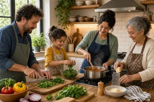 A family cooking together in a kitchen, each person busy with a different task. - XAI Grok Imagine 2.0 (Preview)