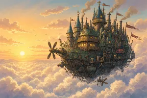 A flying castle floating in clouds at sunrise. Match the visual aesthetic of 'Howl's Moving Castle' by Studio Ghibli, with Miyazaki's blend of steampunk elements and fantasy. - XAI Grok Imagine 2.0 (Preview)