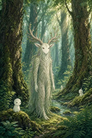 A forest spirit standing among tall trees. Replicate the artistic style of 'Princess Mononoke' by Studio Ghibli, with Miyazaki's detailed environments and mystical creature design. - XAI Grok Imagine 2.0 (Preview)