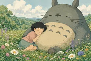 A girl and a giant fluffy creature napping in a wildflower meadow. Reproduce the art style of 'My Neighbor Totoro' by Studio Ghibli, with Miyazaki's soft character designs. - XAI Grok Imagine 2.0 (Preview)