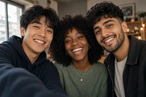 A group selfie of three friends of different ethnic backgrounds smiling at the camera. - XAI Grok Imagine 2.0 (Preview)