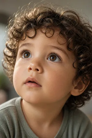 A hyper-realistic photo of a toddler with curly hair and big eyes, looking upward. - XAI Grok Imagine 2.0 (Preview)