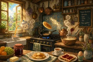 A kitchen with magical cooking implements preparing breakfast. Duplicate the artistic style of Studio Ghibli's domestic scenes, with Miyazaki's detailed settings and warm lighting. - XAI Grok Imagine 2.0 (Preview)
