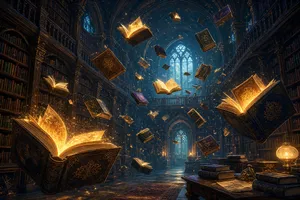 A library where the books are glowing and floating in mid-air, illustrated in a magical realism style with dramatic lighting and rich atmospheric colors. - XAI Grok Imagine 2.0 (Preview)