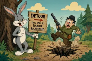 A Looney Tunes-inspired cartoon scene of a clever rabbit tricking a hunter. - XAI Grok Imagine 2.0 (Preview)