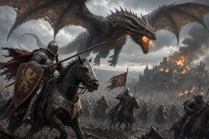 A medieval battlefield with knights on horseback and a dragon flying overhead. - XAI Grok Imagine 2.0 (Preview)