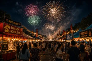 A nighttime festival with fireworks in the sky, food stalls lined up, and crowds mingling. - XAI Grok Imagine 2.0 (Preview)