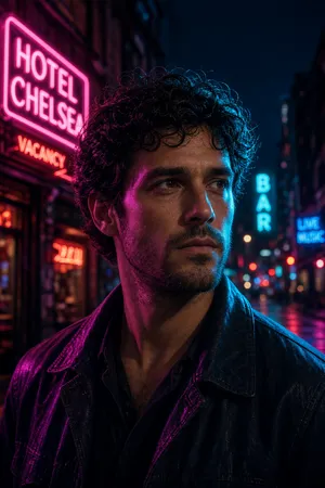 A nighttime portrait of a man lit by neon signs on a city street. - XAI Grok Imagine 2.0 (Preview)