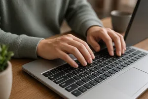 A person typing on a laptop keyboard, showing both hands on the keys. - XAI Grok Imagine 2.0 (Preview)