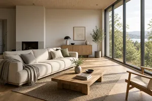 A photorealistic interior of a modern Scandinavian-style living room with natural light streaming through floor-to-ceiling windows. Show detailed wood textures, fabric materials, and proper light reflections. - XAI Grok Imagine 2.0 (Preview)