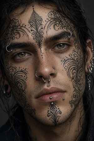 A portrait of a person with elaborate facial tattoos and piercings, shown in sharp detail. - XAI Grok Imagine 2.0 (Preview)