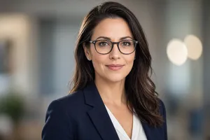 A professional headshot of a businesswoman wearing glasses, against a blurred background. - XAI Grok Imagine 2.0 (Preview)