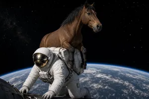 A realistic astronaut being ridden by a horse, photorealistic depiction in outer space with accurate lighting and proportions - XAI Grok Imagine 2.0 (Preview)