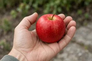 A realistic photo of a hand holding a red apple, with all fingers clearly visible. - XAI Grok Imagine 2.0 (Preview)
