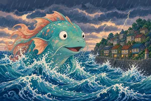 A sea creature rising from a stormy ocean near a village. Replicate the visual style of 'Ponyo' by Studio Ghibli, with Miyazaki's fluid water animations and vibrant creatures. - XAI Grok Imagine 2.0 (Preview)