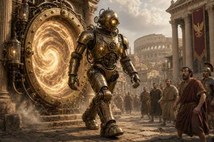 A steampunk robot time-traveling in ancient Rome, depicted in a detailed cinematic style that blends historical accuracy with copper and brass retrofuturistic aesthetics. - XAI Grok Imagine 2.0 (Preview)
