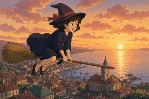 A young witch flying on a broomstick above a coastal town at sunset. Exact art style of 'Kiki's Delivery Service' by Studio Ghibli, with Miyazaki's character design and warm colors. - XAI Grok Imagine 2.0 (Preview)