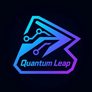 Abstract geometric logo for tech startup 'Quantum Leap', evoking connection & speed, vibrant blue/purple gradient, sharp angles. 'Quantum Leap' as text contained in logo. - XAI Grok Imagine 2.0 (Preview)