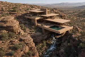 Aerial view of a modernist desert home, in the style of Frank Lloyd Wright's Fallingwater but adapted to desert conditions. Show integration with rocky landscape and water features. - XAI Grok Imagine 2.0 (Preview)
