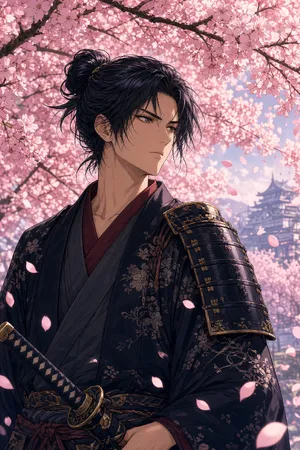 An anime-style portrait of a samurai standing under pink cherry blossoms. - XAI Grok Imagine 2.0 (Preview)