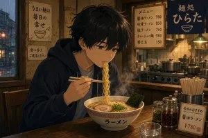 An anime scene of a character eating ramen at a small shop counter (slice-of-life style). - XAI Grok Imagine 2.0 (Preview)