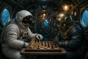 An astronaut and a deep-sea diver playing chess together inside a submarine. - XAI Grok Imagine 2.0 (Preview)