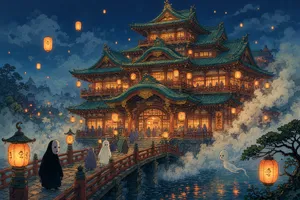 An enchanted bathhouse with glowing lanterns and spirits. Recreate the visual style of 'Spirited Away' by Studio Ghibli, with Miyazaki's ornate architecture and magical atmosphere. - XAI Grok Imagine 2.0 (Preview)