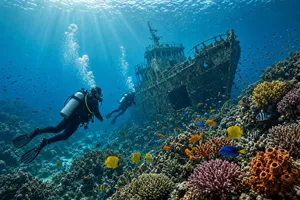 An underwater scene with scuba divers exploring a coral reef alongside colorful fish and a sunken ship. - XAI Grok Imagine 2.0 (Preview)
