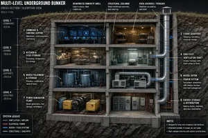 Cross-section rendering of a multi-level underground bunker with different functional areas, structural support systems, ventilation, and power generation facilities visible. - XAI Grok Imagine 2.0 (Preview)