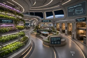 Interior of a futuristic space habitat with hydroponics gardens, communal areas, and living quarters. Show curved walls, artificial gravity considerations, and multipurpose furniture designs. - XAI Grok Imagine 2.0 (Preview)
