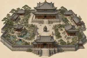 Isometric architectural illustration of an ancient Chinese temple complex showing multiple pavilions, gardens, and ceremonial spaces. Include proper roof structures and traditional ornamentation. - XAI Grok Imagine 2.0 (Preview)