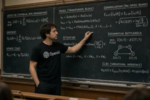 Photorealistic depiction of a man wearing a clearly visible black OpenAI-branded T-shirt. He is standing at the front of a university lecture hall, writing complex mathematics and AI-related equations across a large, dusty chalkboard filled with notation - XAI Grok Imagine 2.0 (Preview)