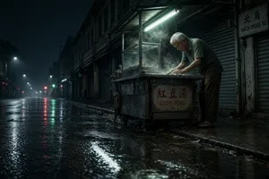 Rain-slicked Singapore street, 3 AM. A lone elderly hawker cleans his cart under one flickering fluorescent light. Steam rises gently. Low-angle shot, photorealistic - XAI Grok Imagine 2.0 (Preview)