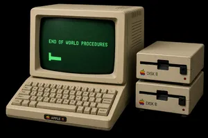 Vintage Apple II computer with green monochrome CRT screen, displaying 'END OF WORLD PROCEDURES' in green text. Two external floppy drives stacked on the right, labeled disk II with rainbow Apple logos. Beige casing, black background, retro aesthetic. - XAI Grok Imagine 2.0 (Preview)