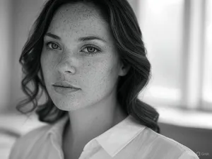 A black and white close-up portrait of a freckled woman with an intense gaze. - XAI Grok 2 Image