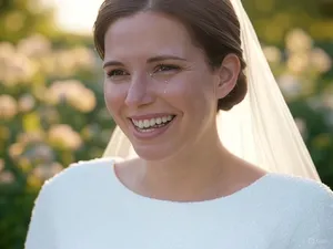 A bride on her wedding day, smiling with tears of joy in her eyes. - XAI Grok 2 Image