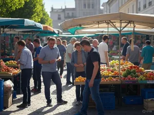 A bustling market scene with dozens of people buying and selling goods. - XAI Grok 2 Image